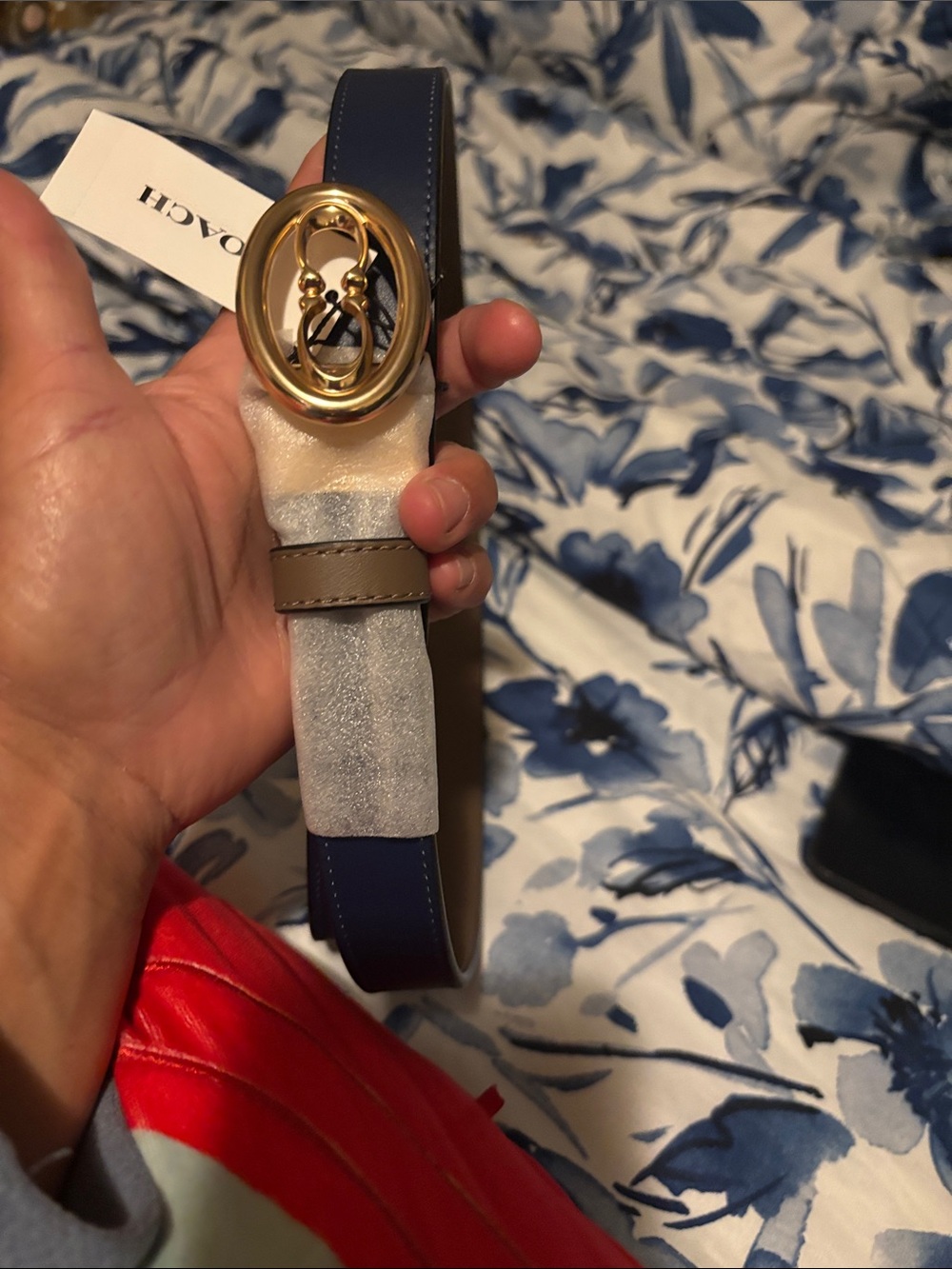 Coach Navy Leather Belt with Gold Oval Buckle and Tan Keeper